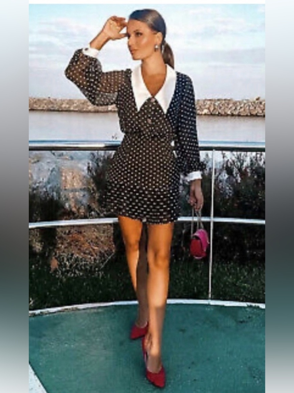 Zara Black Polka Dot Mini Dress with White Collar. Zimmermann Style Dress.